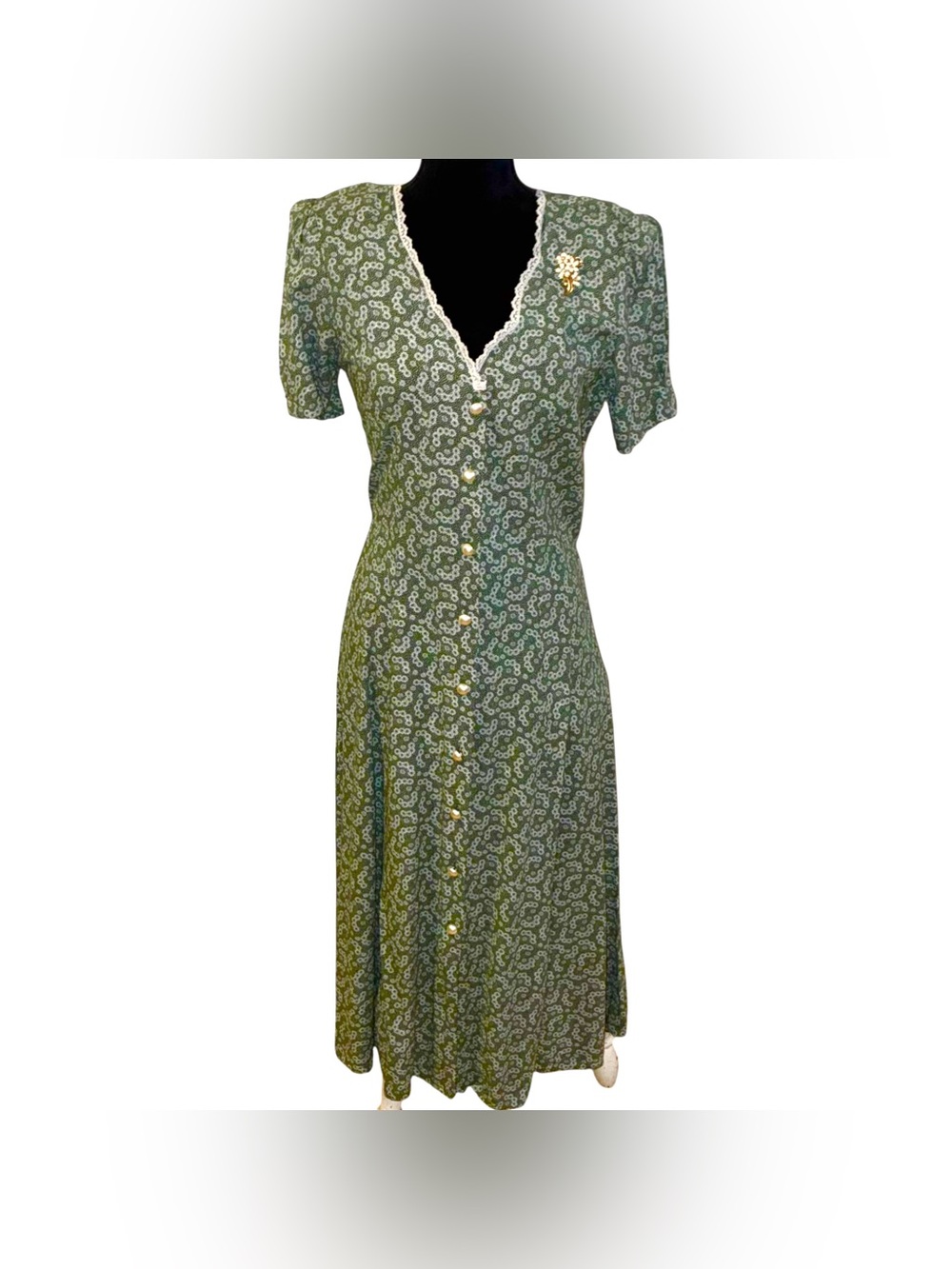 Vtg LA Gal Prairie Style Dress Size 7/8 Green White Floral Print Lace Trim